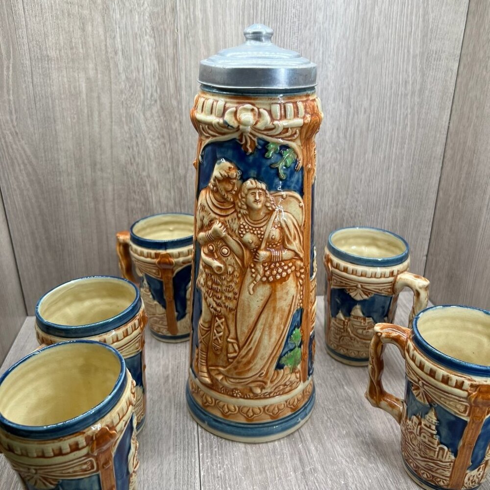 Vtg Ceramic Beer Stein Set w/Lidded Pitcher & 5 Mugs Made in Japan Blue Tan - Picture 3 of 16